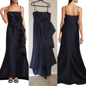 Muse by Marchesa Stretch Mikado 3D Rosette Ruffle Maxi Gown – Navy, Size 8